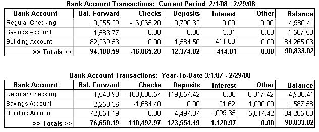 Bank Account part of the Monthly Report
